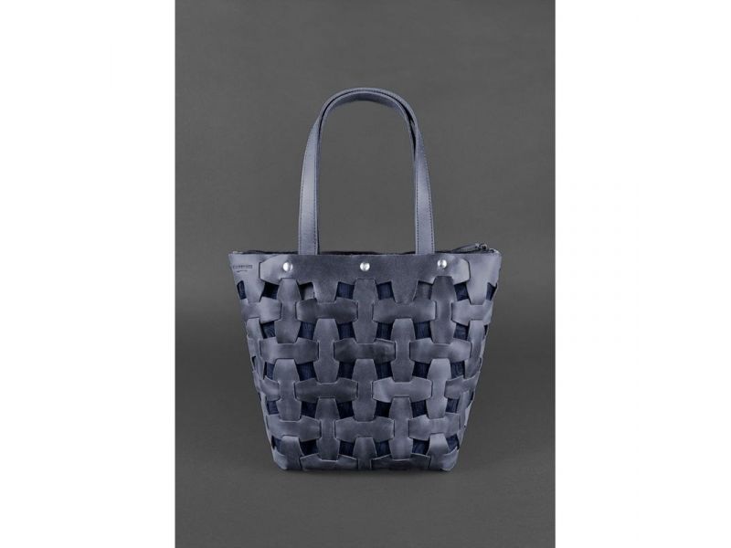 Кожаная плетеная женская сумка Пазл L синяя Crazy Horse, фото 2