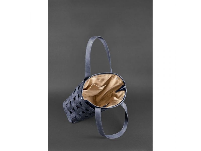 Кожаная плетеная женская сумка Пазл L синяя Crazy Horse, фото 5