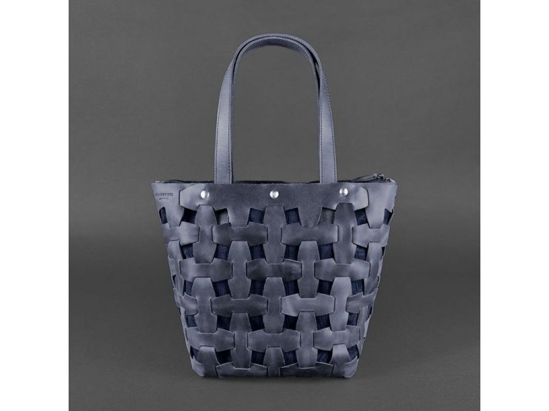 Кожаная плетеная женская сумка Пазл L синяя Crazy Horse, фото 8