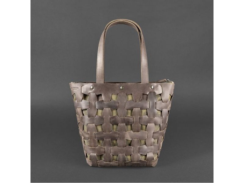 Кожаная плетеная женская сумка Пазл L темно-коричневый Crazy Horse, фото 8