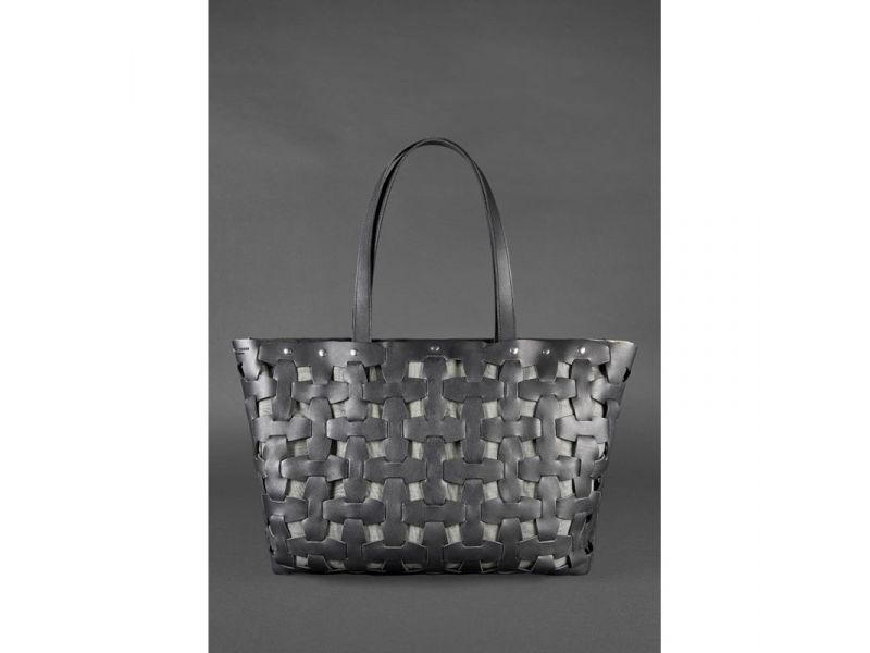 Кожаная плетеная женская сумка Пазл Xl черная Krast, фото 2