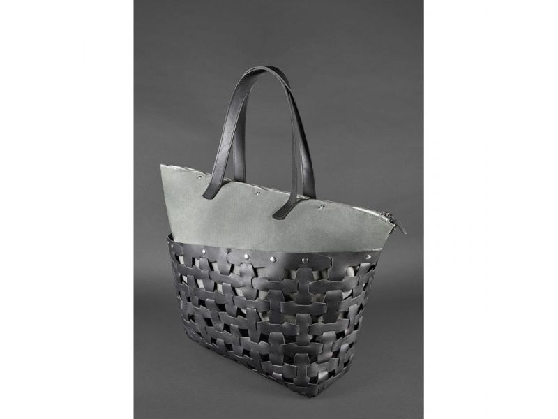 Кожаная плетеная женская сумка Пазл Xl черная Krast, фото 5