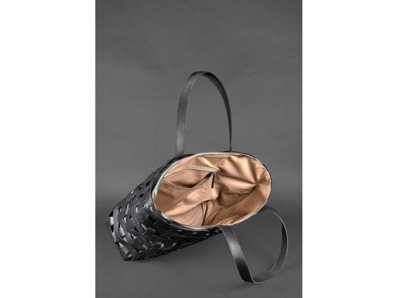 Кожаная плетеная женская сумка Пазл Xl черная Krast, фото 6