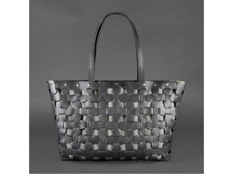 Кожаная плетеная женская сумка Пазл Xl черная Krast, фото 9