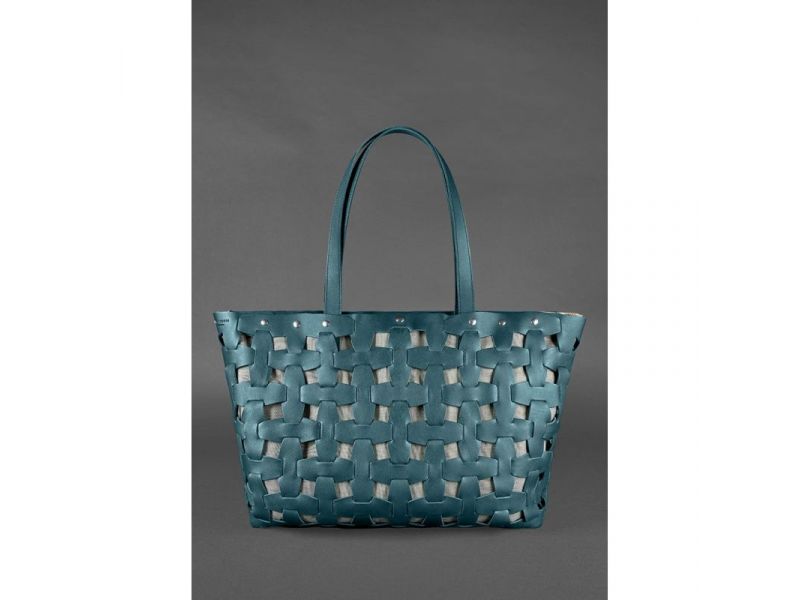 Кожаная плетеная женская сумка Пазл Xl зеленая Krast, фото 2