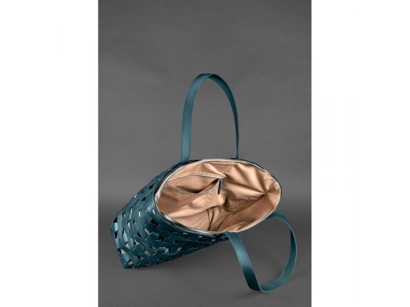 Кожаная плетеная женская сумка Пазл Xl зеленая Krast, фото 5