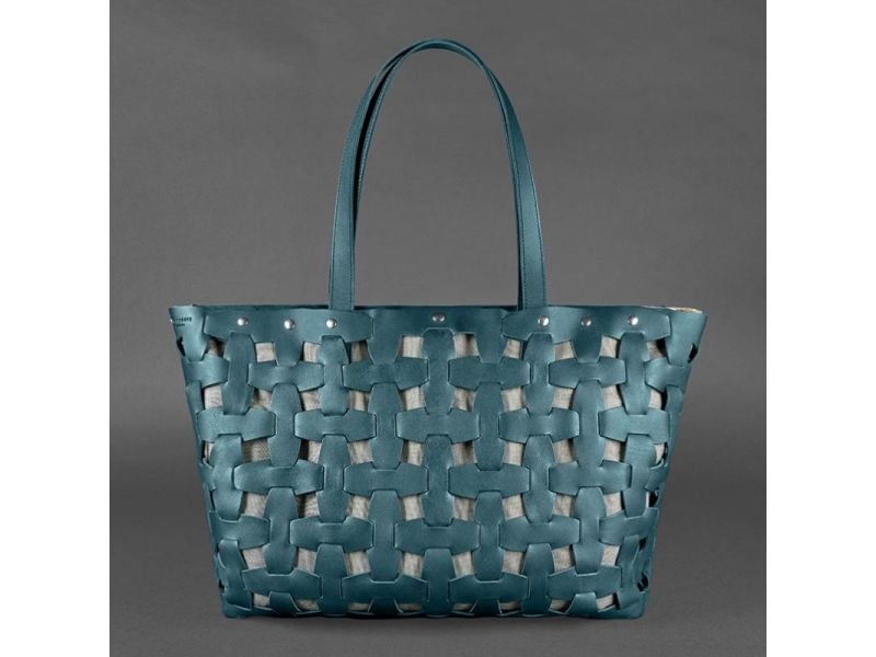 Кожаная плетеная женская сумка Пазл Xl зеленая Krast, фото 8