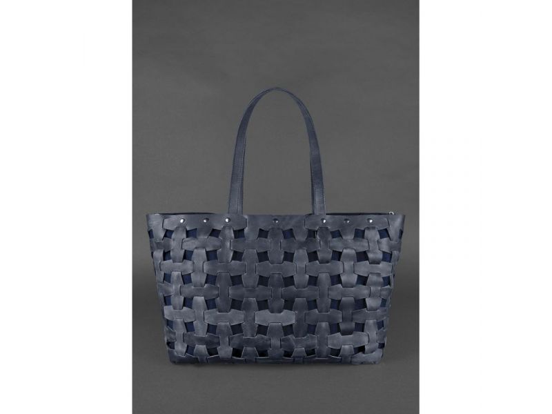 Кожаная плетеная женская сумка Пазл Xl синяя Crazy Horse, фото 2