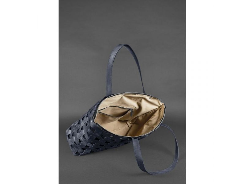 Кожаная плетеная женская сумка Пазл Xl синяя Crazy Horse, фото 5