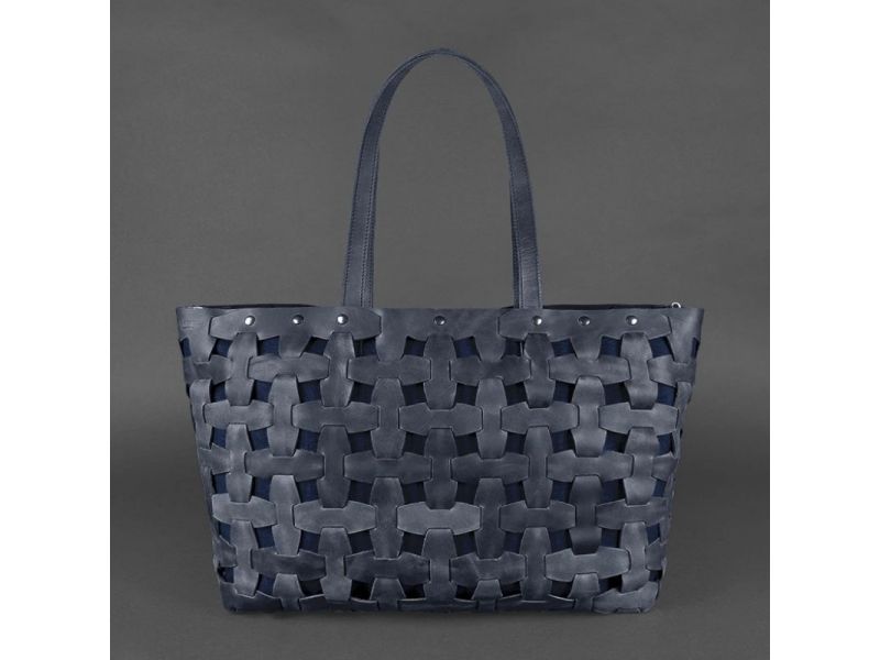 Кожаная плетеная женская сумка Пазл Xl синяя Crazy Horse, фото 8