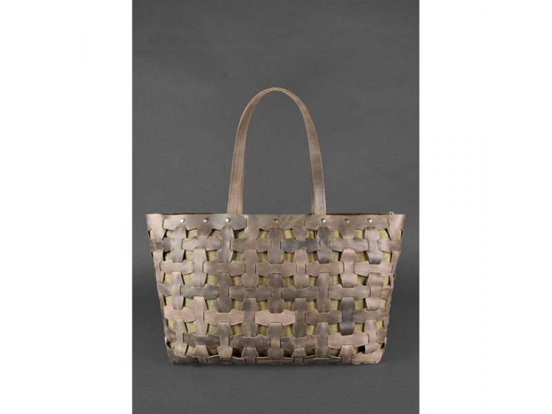 Кожаная плетеная женская сумка Пазл Xl темно-коричневый Crazy Horse, фото 2