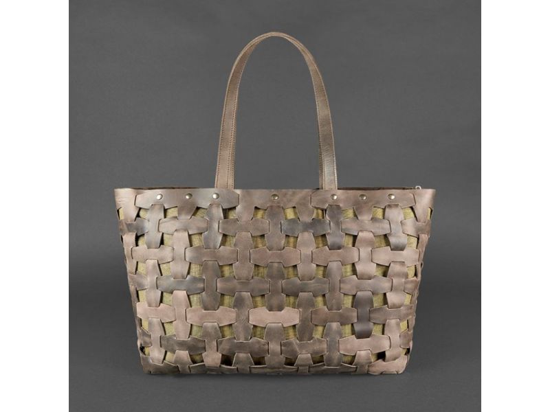 Кожаная плетеная женская сумка Пазл Xl темно-коричневый Crazy Horse, фото 9