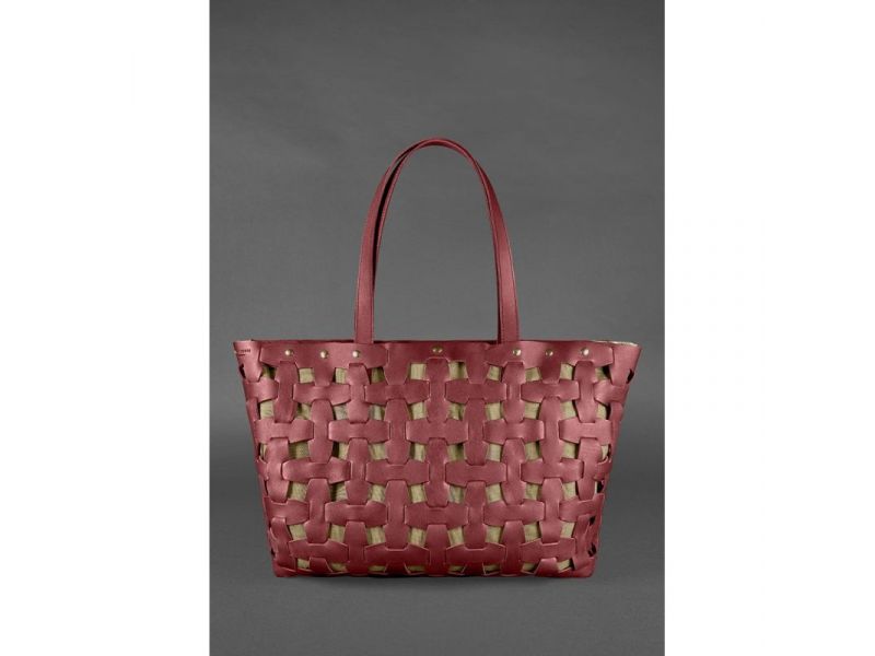 Кожаная плетеная женская сумка Пазл Xl бордовая Krast, фото 1