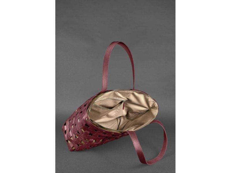 Кожаная плетеная женская сумка Пазл Xl бордовая Krast, фото 4