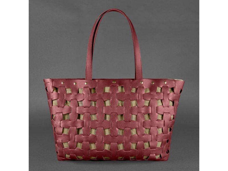 Кожаная плетеная женская сумка Пазл Xl бордовая Krast, фото 5