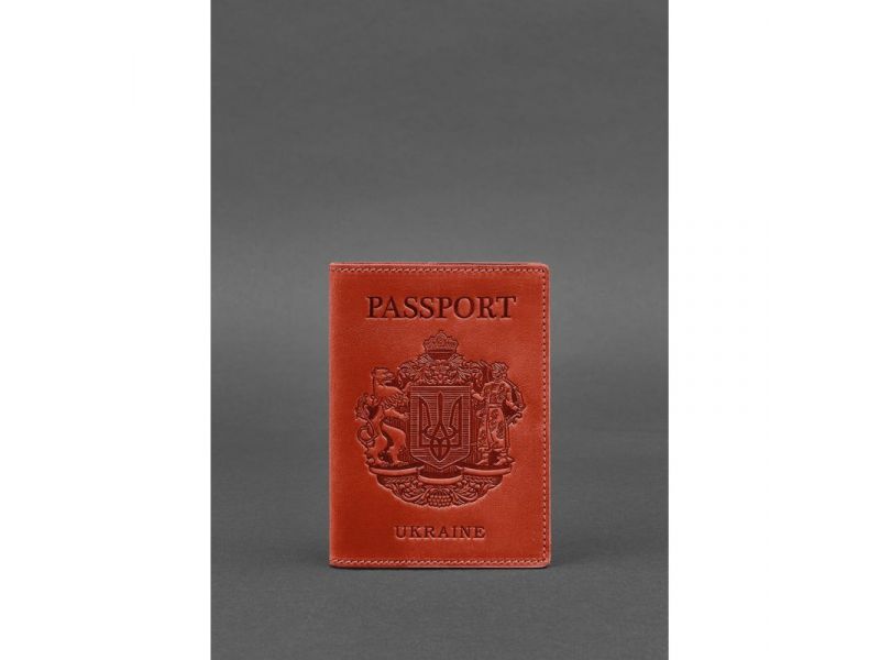 Кожаная обложка для паспорта коралловая с украинским гербом, фото 1