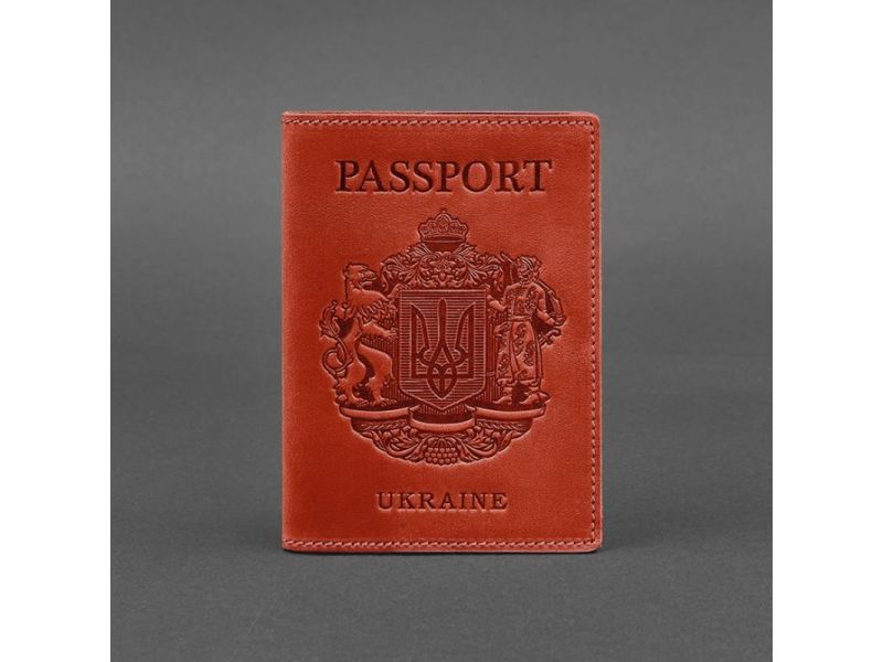 Кожаная обложка для паспорта коралловая с украинским гербом, фото 5
