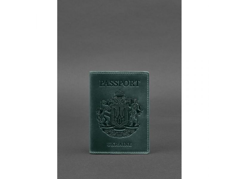 Кожаная обложка для паспорта с украинским гербом зеленая, фото 2