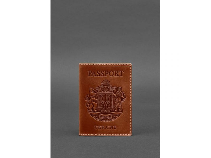 Кожаная обложка для паспорта с украинским гербом светло-коричневая, фото 4