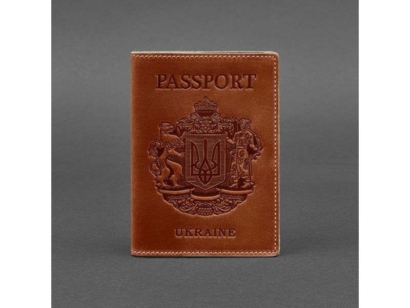 Кожаная обложка для паспорта с украинским гербом светло-коричневая, фото 5