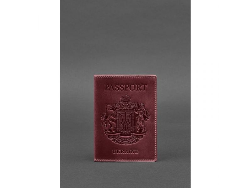 Кожаная обложка для паспорта с украинским гербом бордовая, фото 4