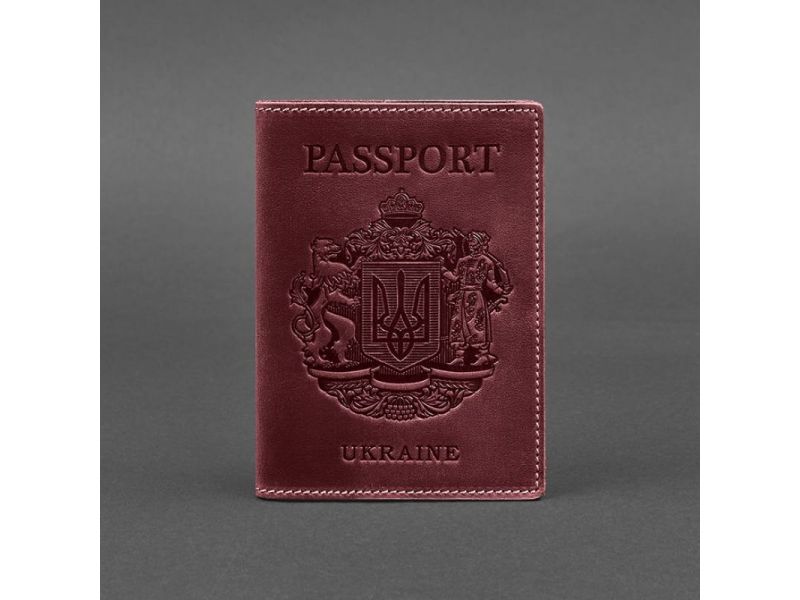 Кожаная обложка для паспорта с украинским гербом бордовая, фото 5