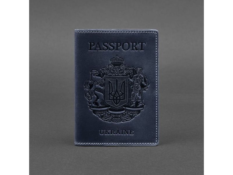 Кожаная обложка для паспорта с украинским гербом синяя, фото 6