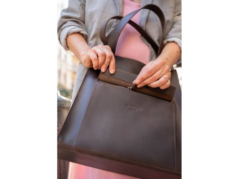 Кожаная женская сумка шоппер Бэтси с карманом темно-коричневый Crazy Horse, фото 9