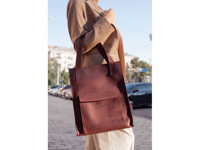 Кожаная женская сумка шоппер Бэтси с карманом бордовая, фото 1