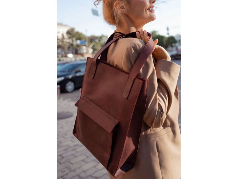 Кожаная женская сумка шоппер Бэтси с карманом бордовая, фото 7