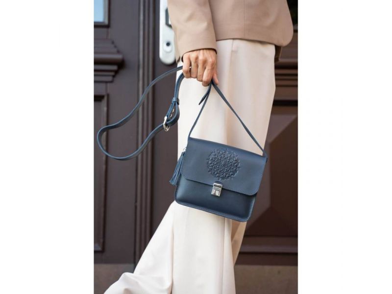 Кожаная женская бохо-сумка Лилу темно-синяя, фото 8