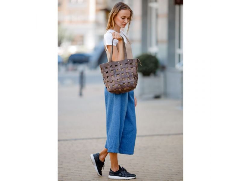 Кожаная плетеная женская сумка Пазл L темно-коричневый Crazy Horse, фото 7