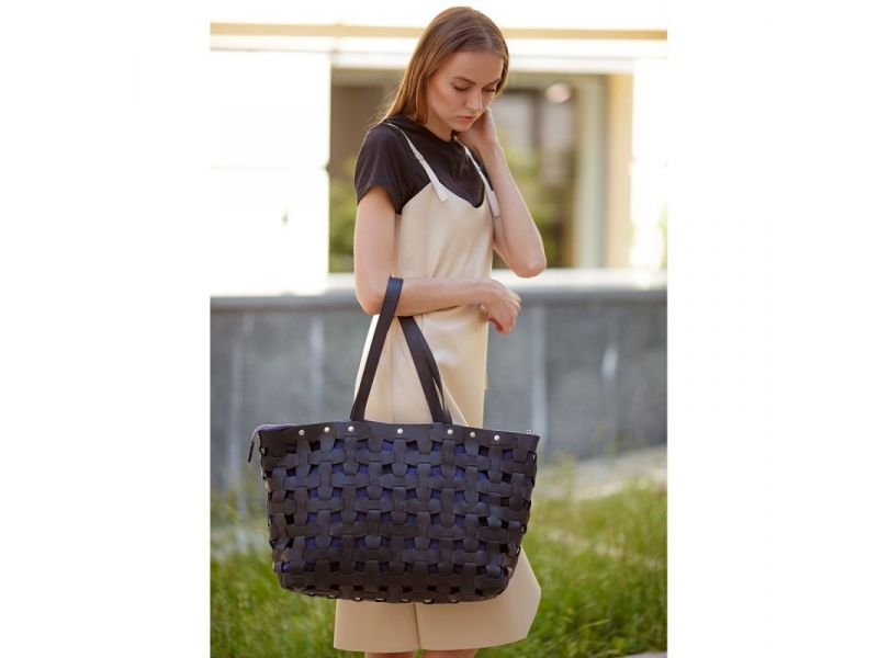 Кожаная плетеная женская сумка Пазл Xl черная Crazy Horse, фото 7