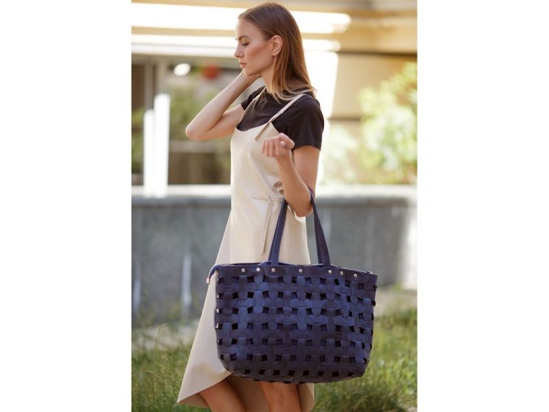 Кожаная плетеная женская сумка Пазл Xl синяя Crazy Horse, фото 7