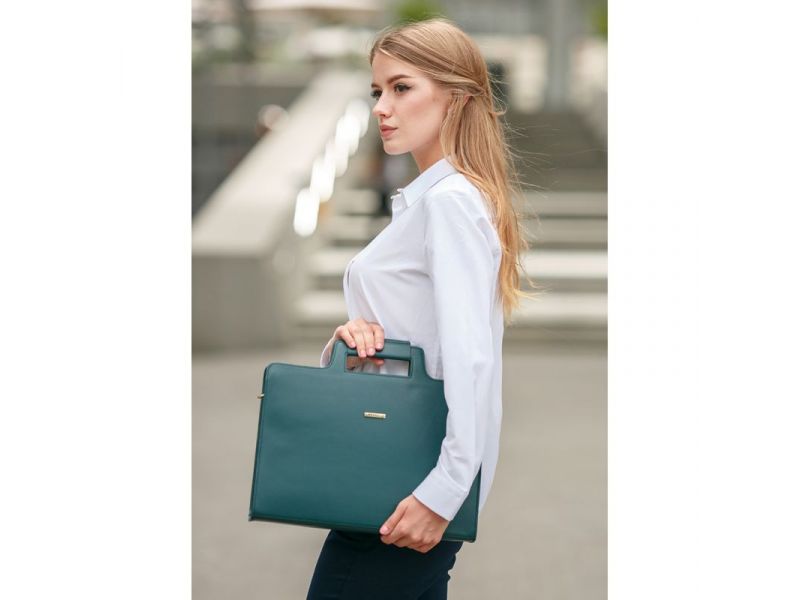 Женская кожаная сумка для ноутбука и документов зеленая, фото 1
