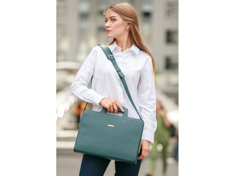 Женская кожаная сумка для ноутбука и документов зеленая, фото 6