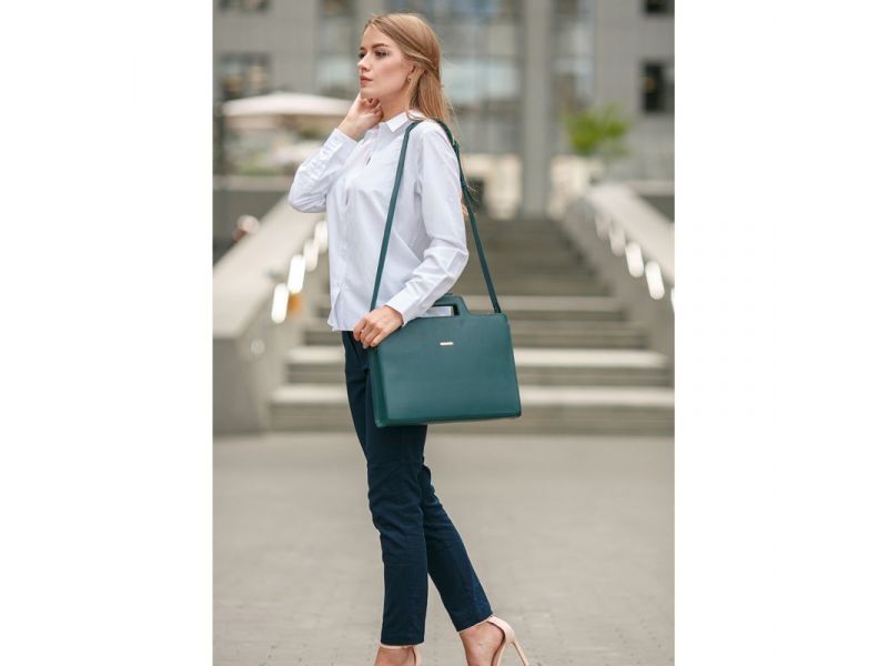 Женская кожаная сумка для ноутбука и документов зеленая, фото 7