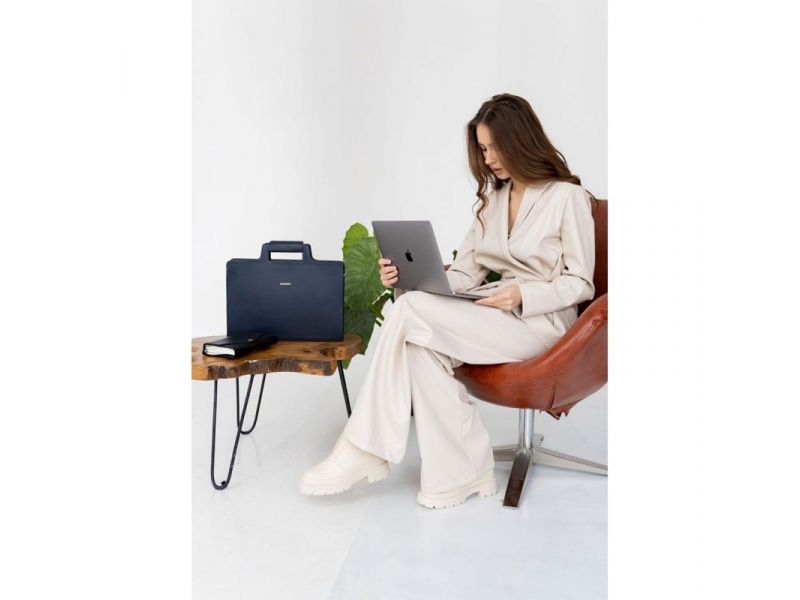 Кожаная сумка для ноутбука и документов темно-синяя Краст, фото 8