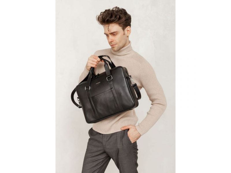 Кожаная сумка для ноутбука и документов черная, фото 1