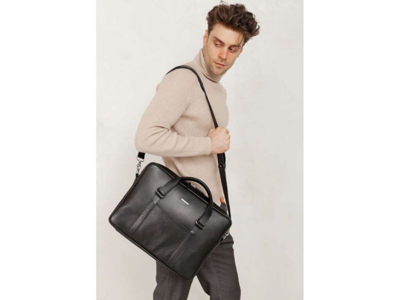 Кожаная сумка для ноутбука и документов черная, фото 6
