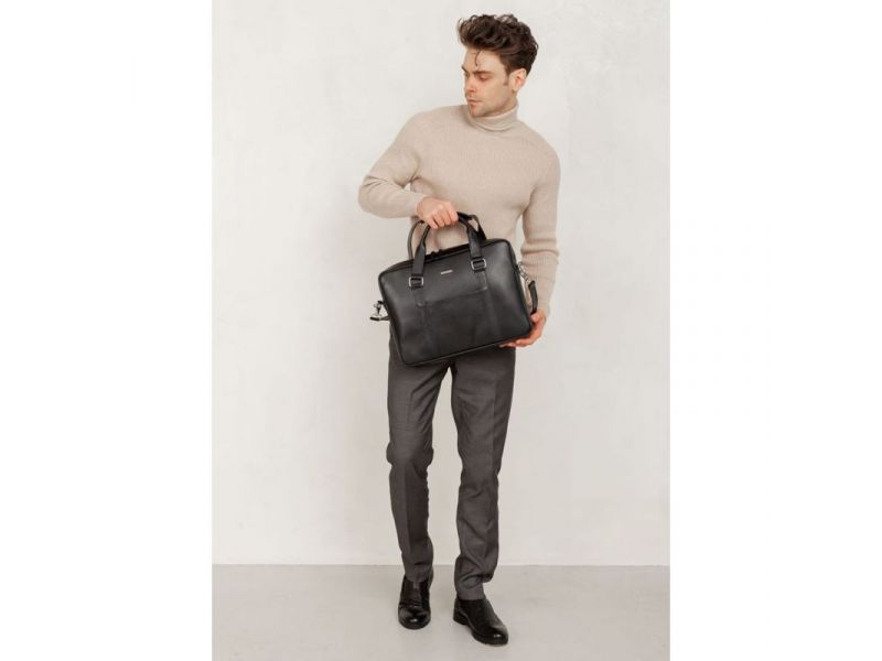 Кожаная сумка для ноутбука и документов черная, фото 8