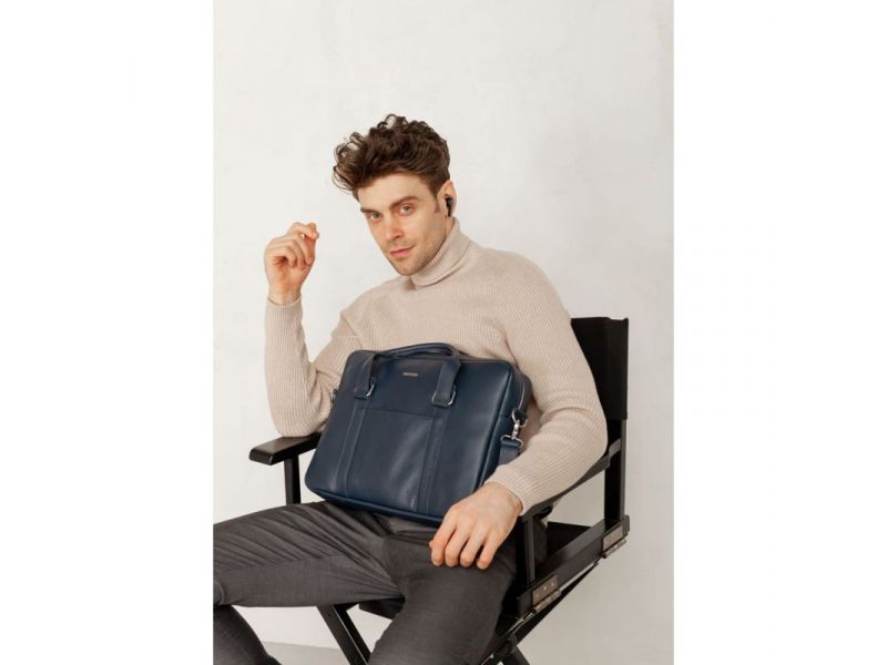 Мужская кожаная сумка для ноутбука и документов темно-синяя, фото 1