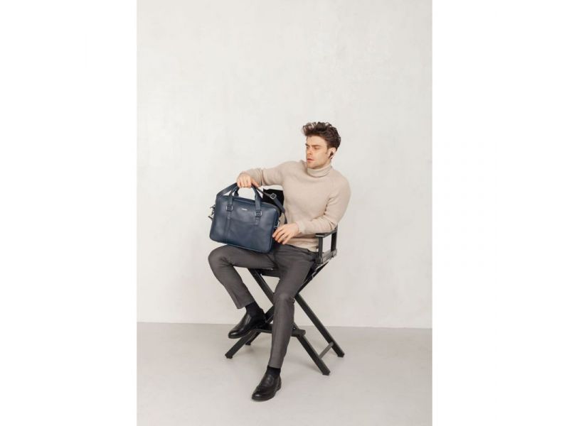 Мужская кожаная сумка для ноутбука и документов темно-синяя, фото 6