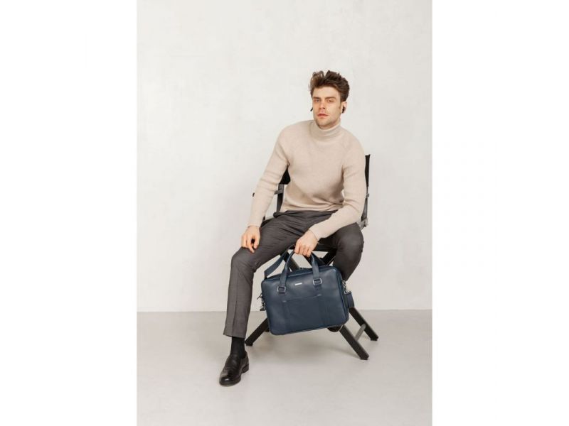 Мужская кожаная сумка для ноутбука и документов темно-синяя, фото 7