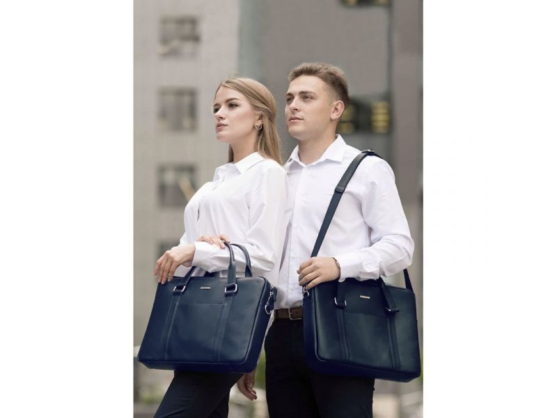 Мужская кожаная сумка для ноутбука и документов темно-синяя, фото 8