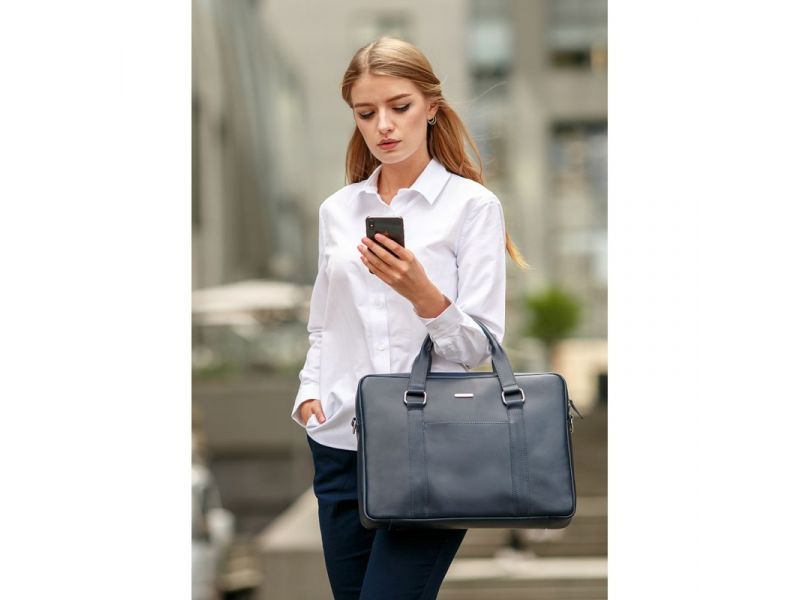 Мужская кожаная сумка для ноутбука и документов темно-синяя, фото 9