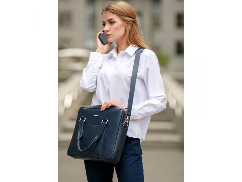 Мужская кожаная сумка для ноутбука и документов темно-синяя, фото 10