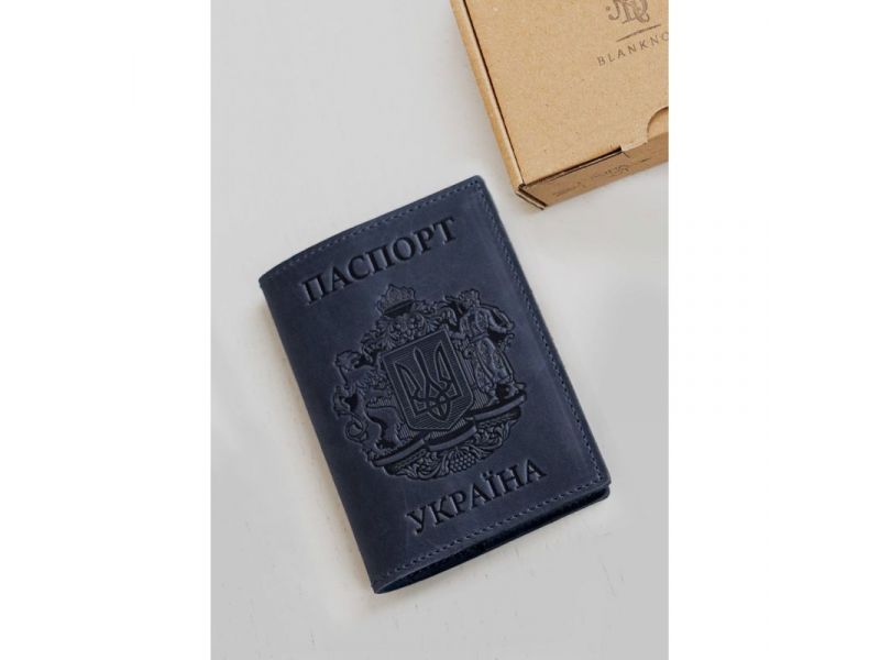 Кожаная обложка для паспорта с украинским гербом синяя, фото 1