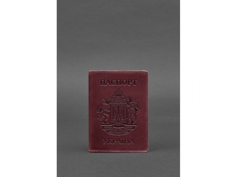 Кожаная обложка для паспорта с украинским гербом бордовая, фото 1
