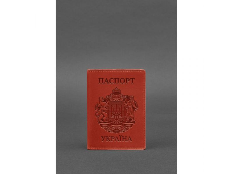 Кожаная обложка для паспорта коралловая с украинским гербом, фото 4